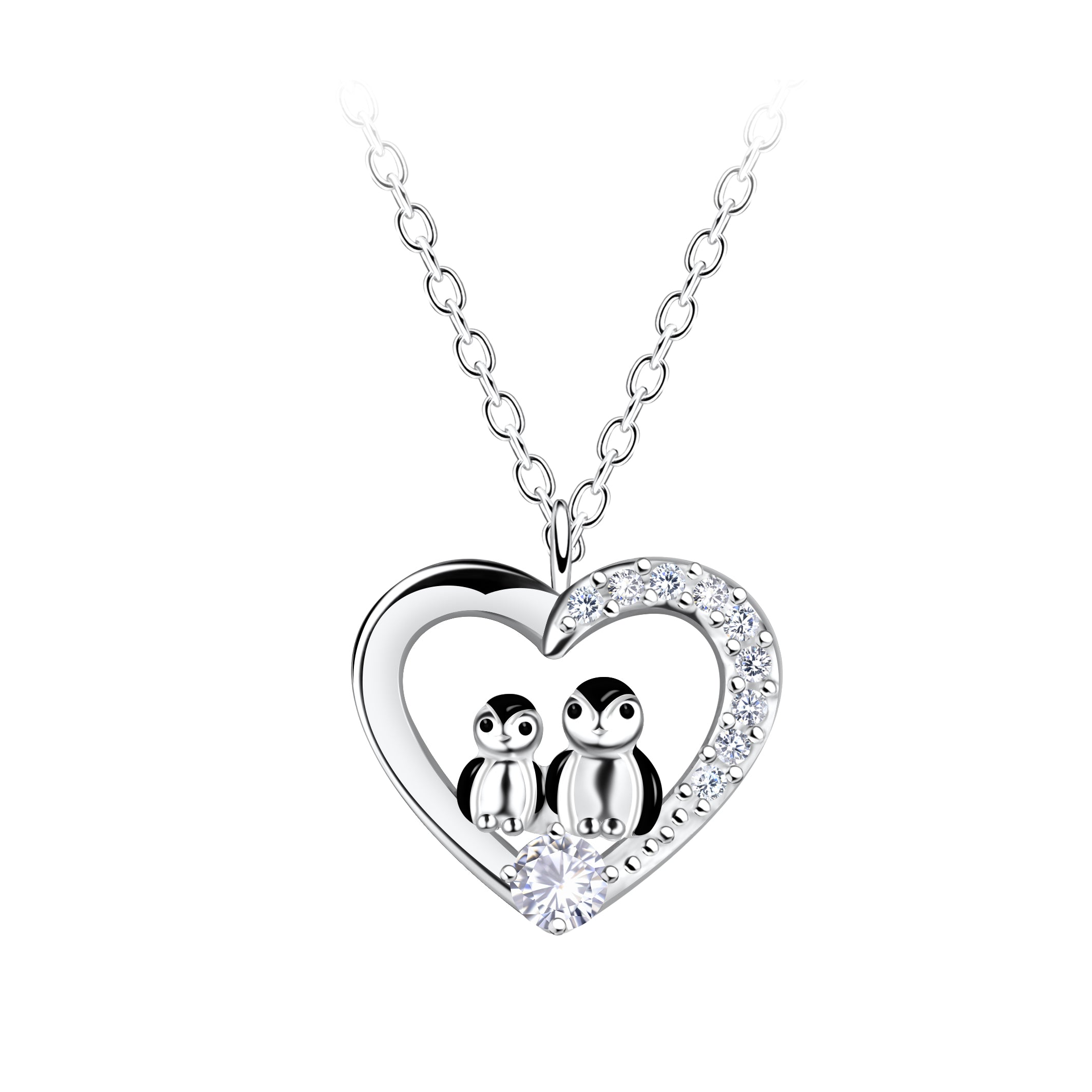Cadena de plata, pingüinos mamá e hijo