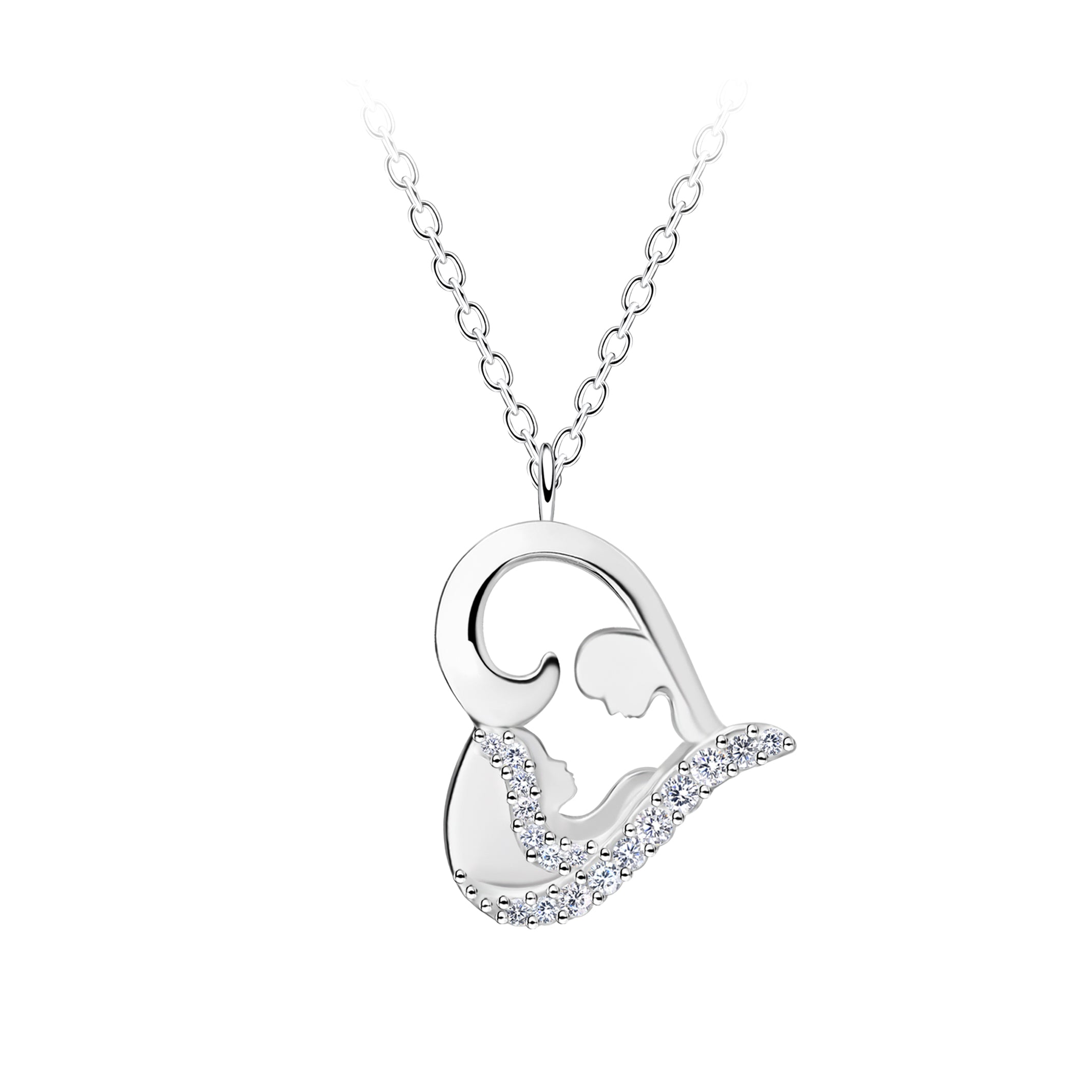 Cadena de plata, con dije corazón mamá e hijo.